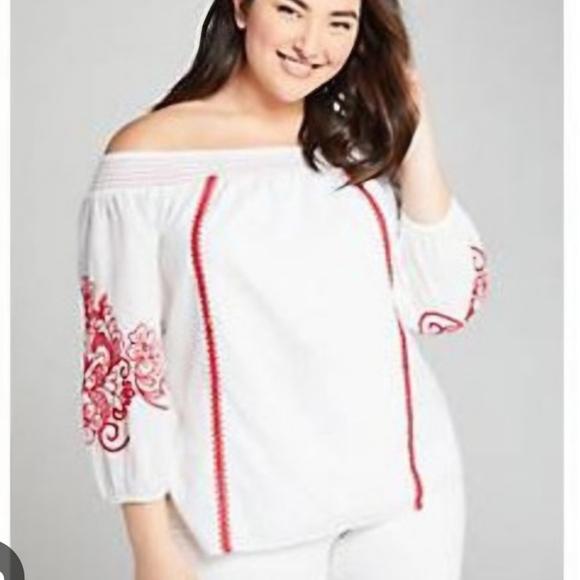 Lane Bryant Tops - Off-Shoulder White Top with Red Embroidery Sz 18/20